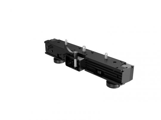Unilumin Stacking URMIII 2.6 MK2 Pro 2in1 Bracket Rent product image: A black electronic bracket with a ribbed surface, four cylindrical feet, metal pegs, and a central switch is shown against a plain white background.