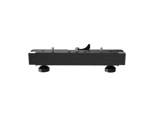 Front view of the Unilumin Stacking URMIII 2.6 MK2 Pro 2in1 Bracket rent solution—a black, rectangular device with a ribbed surface, mounted on two round feet and metal components on top. Designed for secure LED panel stacking and easy event installation.