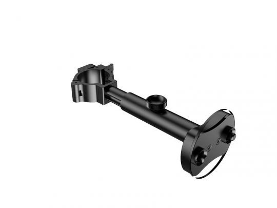 Black adjustable mounting bracket with round base and clamp, compatible with Unilumin Stacking - URMIII 2.6 MK2 Pro frame connector; designed for securely attaching devices to surfaces or poles for flexible rental setups.