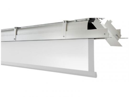 Close-up of the Celexon ceiling-mounted projector screen extending from a sleek white metal casing; ideal for home theaters or offices. Enhance your setup with the new Celexon ceiling installation set, now available for purchase.