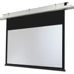 Celexon Expert Motorised Ceiling Projection Screen shown installed; retractable white screen with black border descends from a slim, ceiling-mounted frame for sharp, high-quality visuals in home or office environments.