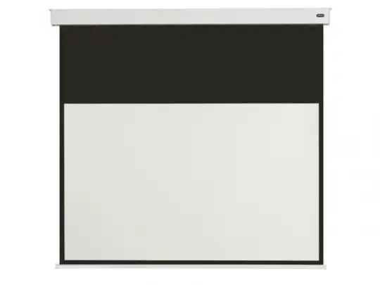 Celexon Professional Batterie 2.0 Motorised Screen shown fully extended, featuring a white projection display area with black top and side borders, housed in a modern white casing—ideal for home cinema or professional presentations.