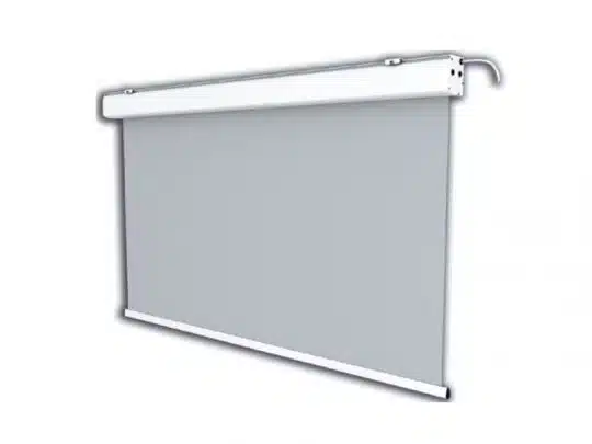 Celexon Expert Motorised Screen (new): White, wall-mounted motorised projector screen with a smooth gray retractable surface, designed for sharp image and video projection in home or office settings.