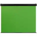 Celexon Motorised Green Screen with black top bar, fully extended; shows a smooth, plain green fabric backdrop ideal for video production, live streaming, and virtual backgrounds—perfect for enhancing any studio setup.