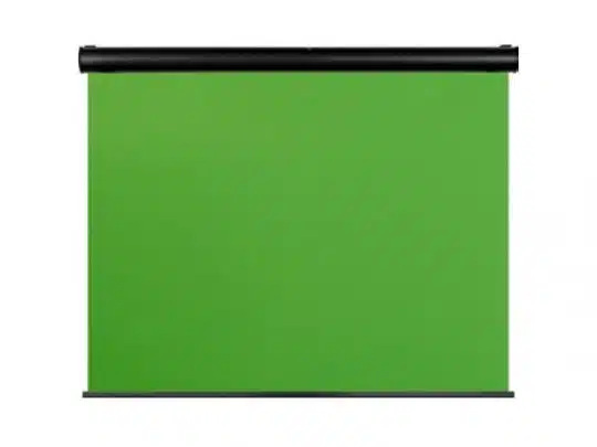 Celexon Motorised Green Screen with black top bar, fully extended; shows a smooth, plain green fabric backdrop ideal for video production, live streaming, and virtual backgrounds—perfect for enhancing any studio setup.