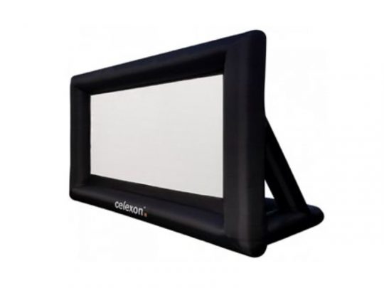 Celexon Outdoor Screen product image showing a large white projection area with a black frame, sturdy triangular base for stability, and the Celexon logo. Perfect for outdoor movie nights and backyard cinema experiences.