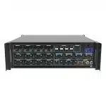 PIXELHUE P20 Seamless Switcher with Flightcase (new) shown in a black rack-mounted design, featuring multiple network and USB ports, a front power switch, rows of hard drive bays, and status indicator lights on the front panel for professional AV control solutions.