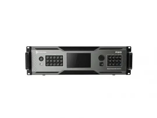 Front view of the PIXELHUE P20 Seamless Switcher with Flightcase—new purchase; shows a rack-mountable black and gray unit featuring a large central display, keypad, multiple control buttons, and side handles.