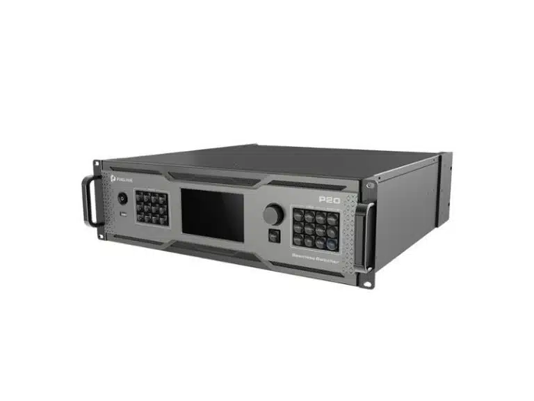 PIXELHUE P20 Seamless Switcher with Flightcase – Professional rack-mount video switcher in a durable flightcase, featuring side handles, central digital display, keypads on both sides, and a sleek gray-black front panel labeled P20. Ideal for live event production and multi-screen displays.