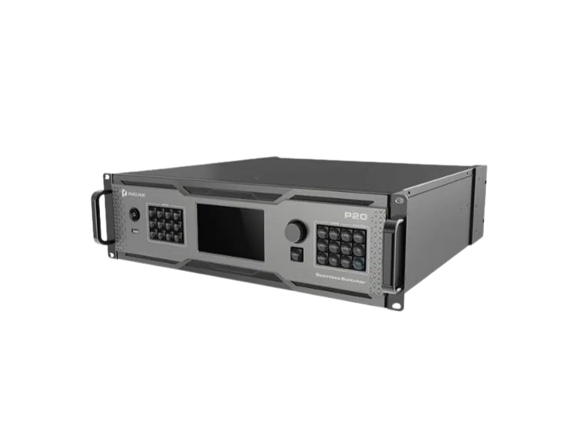 Pixelhue P20 Presentation Switcher—black and gray rack-mount electronic device with front handles, central display screen, and keypads on either side; designed for professional AV switching and presentations.