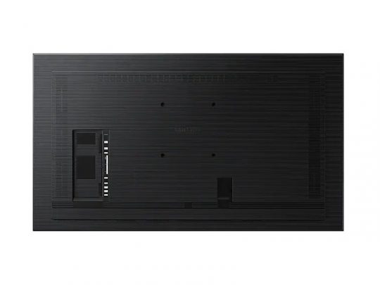 Back view of a flat-screen TV showing a textured black panel, multiple ports and connection slots on the left side, and central wall-mount holes—perfect for easy installation and cable management.