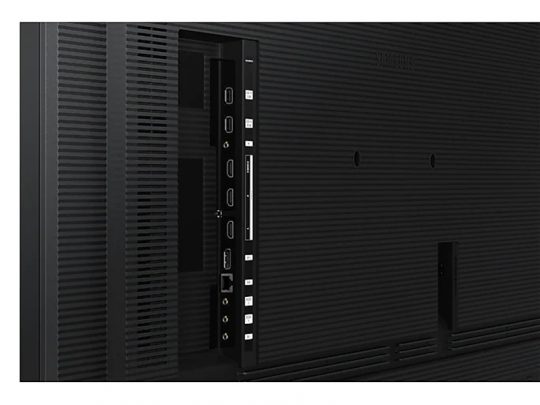 Close-up of the back panel of a black LED TV, showing vertically arranged input ports including HDMI, USB, antenna, and audio/video connections on the left side—ideal for connecting multiple devices.
