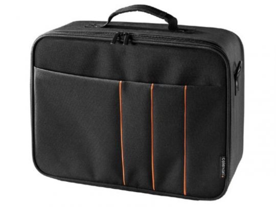 Black Celexon softcase for tripod screens, featuring a sturdy carry handle, front zip pocket, and three distinctive orange stripes. The padded case protects your screen during transport—ideal for professionals or students needing a durable, stylish carrying solution.