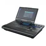 PIXELHUE U5 Event-Controller with sleek black design, large tilting touchscreen showing audio levels, and multiple labeled buttons, dials, and sliders; displayed on a white background.