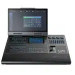 PIXELHUE U5 Event Controller – A sleek black event-controller with a fold-up touchscreen displaying a control interface. The surface features numerous clearly labeled buttons, knobs, and sliders for precise event management and live production control. New model available for purchase.