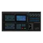 PIXELHUE U5 Event-Controller digital control panel with a central touchscreen, multiple buttons, switches, colored indicator lights, sliders, and knobs; new purchase label appears in the bottom right corner.