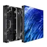 Close-up view of LED Wand Modul 3.9mm – Unilumin URMIII 03 BF Modul (0.50 x 0.50m rental) showing exposed internal electronic components on the left and a bright blue-and-white digital display pattern on the right, highlighting build quality and screen clarity for event rentals or professional installations.