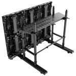 Unilumin Stacking - URMIII 2.6 MK2 Pro 2in1 Bracket metal frame stand supporting a large flat LED video wall from behind with adjustable bars and a textured maintenance platform for easy rear access to the LED panels.