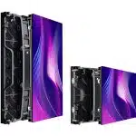 Two slim, rectangular LED display panels—labeled as modern digital signage screens—are shown from the front and side angles. Both screens feature vibrant purple and pink abstract wave designs, highlighting their ultra-thin profiles and sleek, contemporary frames. Perfect for commercial or retail use.