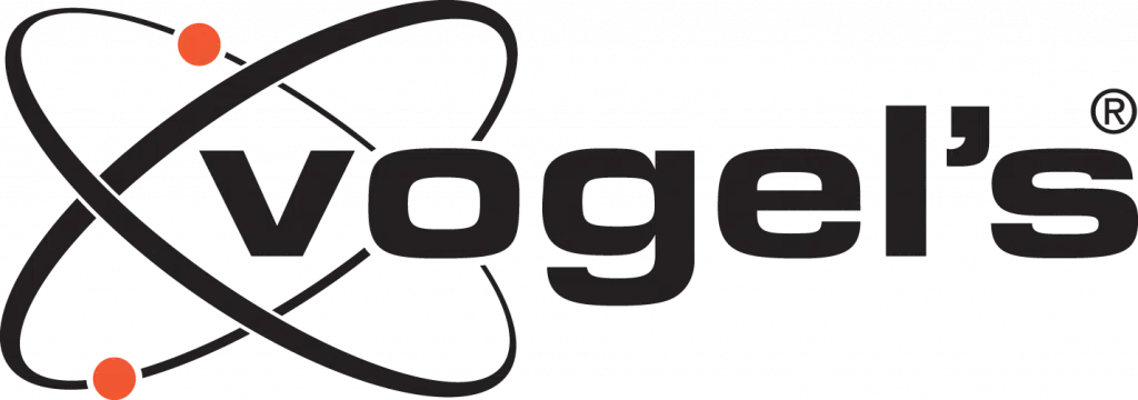 Vogel’s logo featuring bold black text and two small orange dots circling sleek, curved lines that form an abstract atomic structure; ideal for Logando about us pages aiming for a modern, dynamic branding identity.