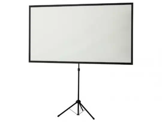 Celexon Ultra-lightweight Tripod Screen — large rectangular projection screen with a slim black frame, supported by a sturdy tripod base, displayed against a plain white background. Ideal for presentations and movie nights.