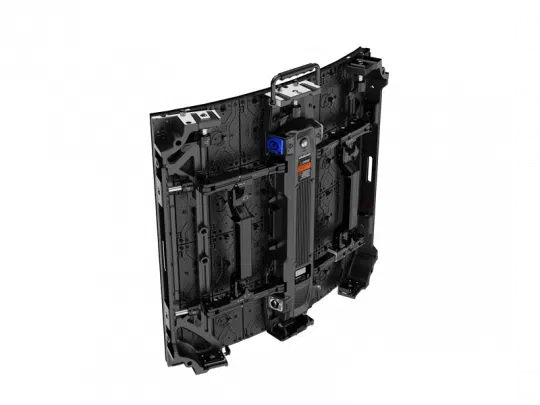 Rear view of the Unilumin URMIII 2.6 MK2 Pro Flex XS Rent LED wall module, showing black and metallic internal structure with a visible support frame, control box, handle, and mounting parts; pixel pitch is 2.6mm for high-resolution display.