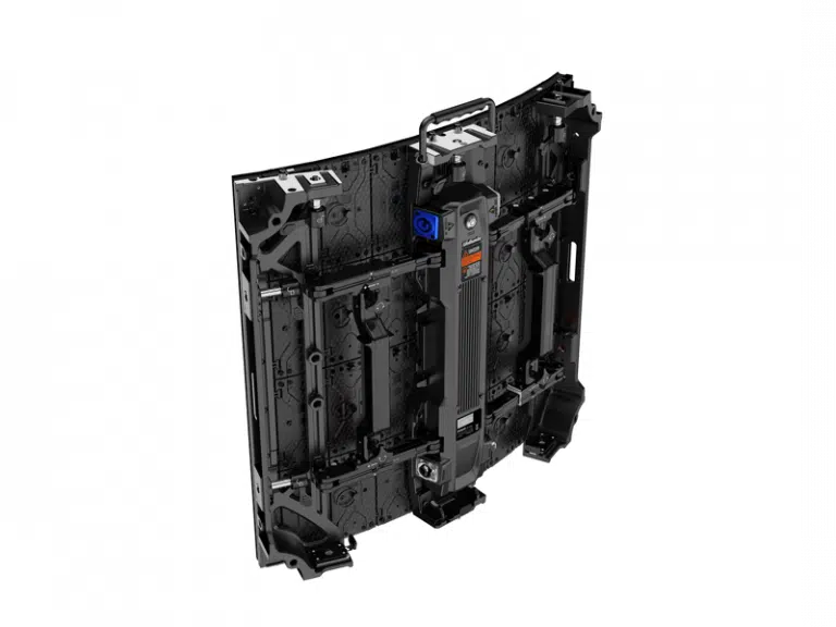 Rear view of the Unilumin URMIII 2.6 MK2 Pro Flex XS Rent LED wall module, showing black and metallic internal structure with a visible support frame, control box, handle, and mounting parts; pixel pitch is 2.6mm for high-resolution display.