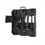 Rear view of the Unilumin URMIII 2.6 MK2 Pro Flex XS rental LED wall module, 2.6mm pitch, in black. The rectangular panel features visible mechanical parts, handles, mounting brackets, and a fold-out section on the left side, all displayed against a plain white background.