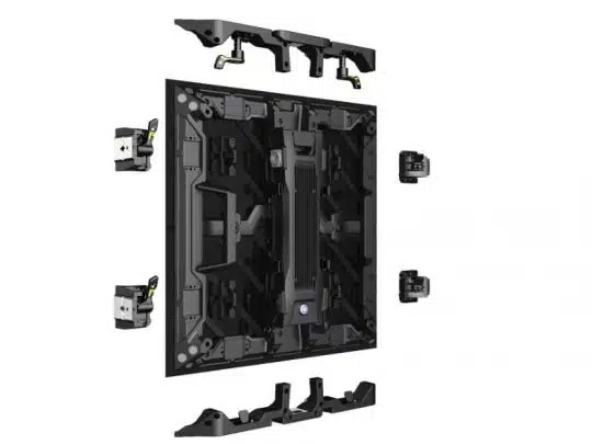 Digital rendering of the Unilumin URMIII 2.6 MK2 Pro 45° XC Rent, a rectangular black LED wall module with a 2.6mm pixel pitch, shown in an exploded view with its detached parts displayed around it to illustrate the assembly and internal components.