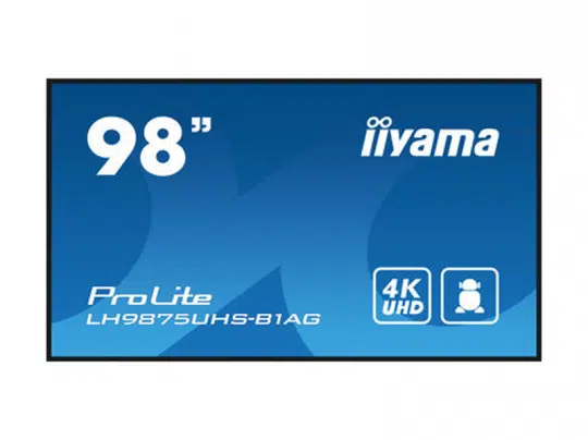 Iiyama ProLite LH9875UHS-B1AG 98-inch 4K UHD display shown on a blue background, with digital text highlighting “98 inch Display - iiyama ProLite LH9875UHS-B1AG for rent”; the large monitor features crisp, high-resolution visuals, emphasizing its impressive screen size and rental availability.