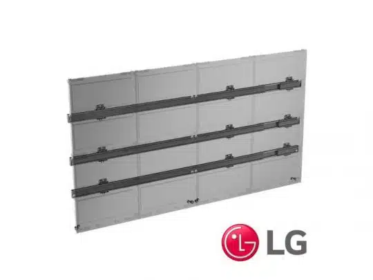 LG Transparent OLED Display Panel: A clear, rectangular screen featuring three slim horizontal metal bars, shown against a white background with the LG logo in the lower right corner. Ideal for modern display solutions.