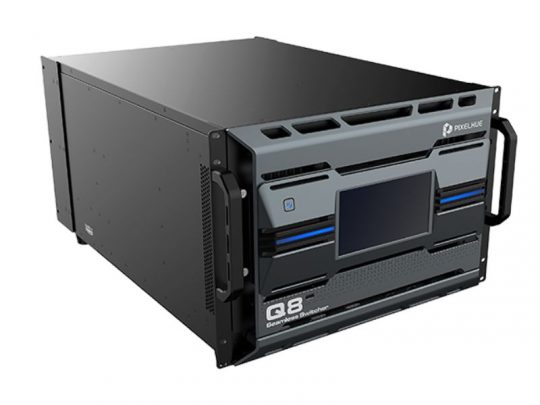 Pixelhue Q8 Seamless Switcher—black and gray rack-mounted server with front handles, ventilation grilles, a digital screen, and “Seamless Switcher - PIXELHUE Q8 (new)” label by Pixel Hue.
