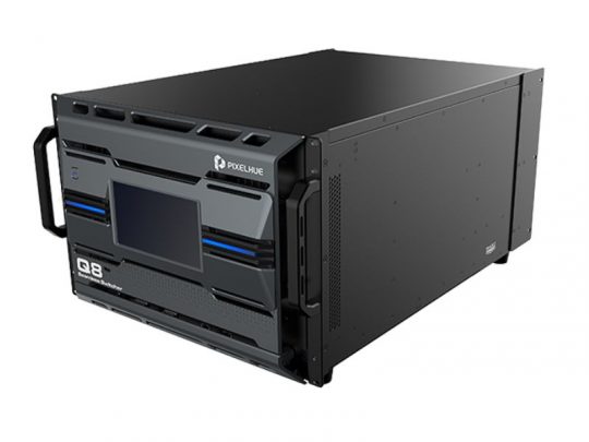 PIXELHUE Q8 Seamless Switcher with a sleek black rectangular body, side handles for easy transport, a large central display screen, and a clearly labeled front panel; product displayed on a white background.