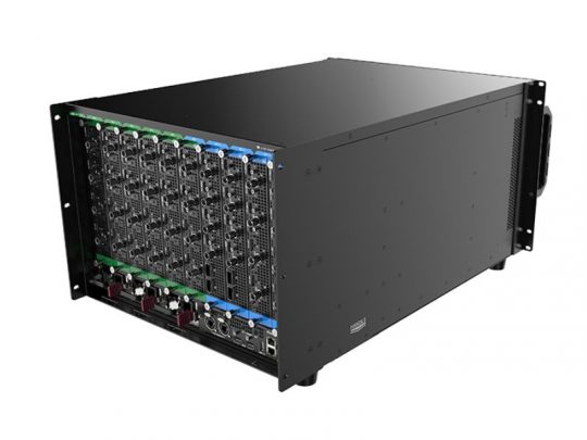 The Seamless Switcher PIXELHUE Q8 (new) is a large black server rack unit featuring multiple ports, slots, and sturdy handles, designed for enterprise or data center environments; product is shown angled on a white background.