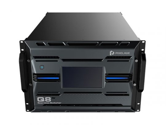 PIXELHUE Q8 Seamless Switcher in black with central touchscreen display, dual side handles, and front ventilation slots for cooling.