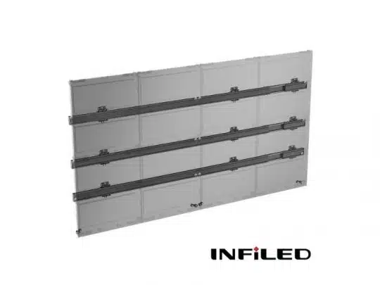 INFiLED transparent rectangular LED display panel with multiple clear sections, shown against a white background; INFiLED logo is visible in the bottom right corner.