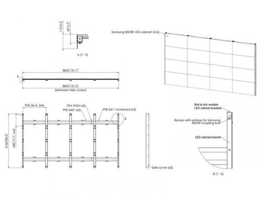 Technical line drawing of Samsung ER/ERF LED video wall assembly displaying front, top, and side views. The diagram features precise labeled dimensions, mounting brackets, side covers, and detailed connection points for easy installation of the Samsung ER or ERF series LED cabinets.