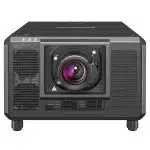 Front view of a black Panasonic PT-RQ35K 3-Chip DLP projector, rental model, with a large central lens and side ventilation grilles; delivers 32,000 lumens for high-brightness professional projection.