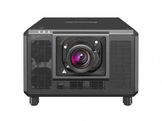 Front view of a black Panasonic PT-RQ35K 3-Chip DLP projector, rental model, with a large central lens and side ventilation grilles; delivers 32,000 lumens for high-brightness professional projection.