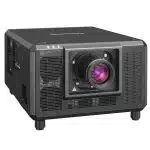 Panasonic PT-RQ35K 3-Chip DLP Projector – Black, box-shaped high-brightness 32,000 lumen projector with prominent front lens, side cooling vents, and four sturdy short legs; ideal for event rental and large venue projection.