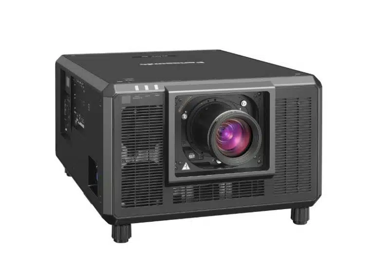 Panasonic PT-RQ35K 3-Chip DLP Projector – Black, box-shaped high-brightness 32,000 lumen projector with prominent front lens, side cooling vents, and four sturdy short legs; ideal for event rental and large venue projection.