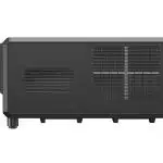 Side view of the Panasonic PT-RQ35K black projector, a high-brightness 32,000 lumen 3-Chip DLP™ model, featuring prominent ventilation grilles and a large lens on the left side, supported by four sturdy short legs.