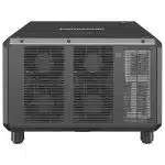 Front view of the Panasonic PT-RQ35K black 3-Chip DLP projector rental device with 32,000 lumens, showing two ventilation fans, a white side label, four sturdy legs, and a flat top—ideal for high-brightness professional events.