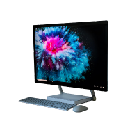 Logando desktop computer set featuring a large monitor showing vibrant abstract art, paired with a slim keyboard and mouse on a plain white background. Modern and sleek design ideal for home or office use.