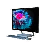 Logando desktop computer set featuring a large monitor showing vibrant abstract art, paired with a slim keyboard and mouse on a plain white background. Modern and sleek design ideal for home or office use.