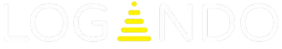 LOGINDO logo featuring the word LOGINDO in bold white capital letters on a black background; the letter I is replaced by a yellow, stacked cone-shaped graphic.