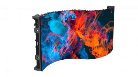 LED Wand Modul 3.9mm - Unilumin URMIII 03 MK2 Pro Flex XS displaying vivid blue and orange cloud graphics on a dark screen; the flexible, bendable LED panel structure is visible along the side edges.