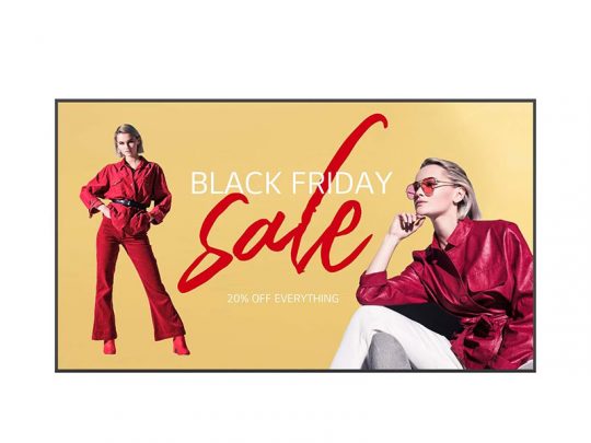 Black Friday sale advertisement showing a stylish woman in a red outfit and sunglasses posing confidently against a vibrant yellow background. Bold text reads “BLACK FRIDAY sale 20% OFF EVERYTHING.” Perfect for promoting fashion deals and seasonal discounts.