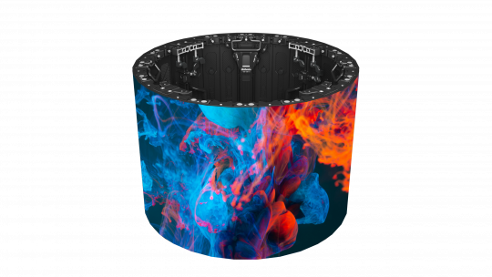 LED Wand Modul 3.9mm - Unilumin URMIII 03 MK2 Pro Flex XS (Neuware) featuring a sleek, cylindrical shape with a black top and a vivid exterior displaying swirling patterns of blue, red, orange, and purple colors. Ideal for flexible LED wall installations.