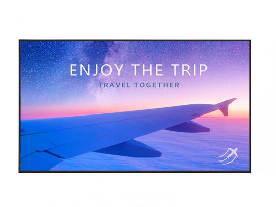View from an airplane window showing a wing above fluffy clouds at sunset, with warm orange and purple sky. The text ENJOY THE TRIP and TRAVEL TOGETHER is written across the sky, promoting air travel and vacation experiences.
